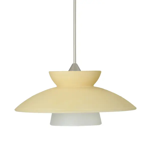 The Trilo 7 Champagne pendant features three complementary pressed glass segments creating a distinctive display. Light yellow glass with white inner layer produces functional, soothing illumination in a neutral tone that complements any décor.