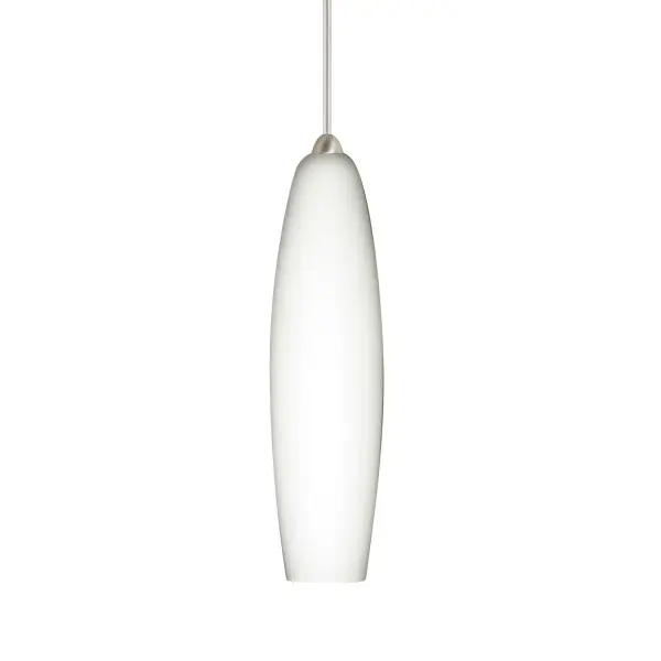 The Zumi mini pendant features handcrafted opal glass with a slender, shapely silhouette. Its soft white cased glass and satin-etched finish create a tranquil glow perfect for intimate spaces and task lighting.