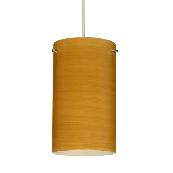 The Stilo 7 Oak features handcrafted cased glass with spiraling light brown strokes that mimic natural wood grain. The etched satin finish creates subtle texture that comes alive when illuminated, offering artisanal quality with timeless cylinder design.