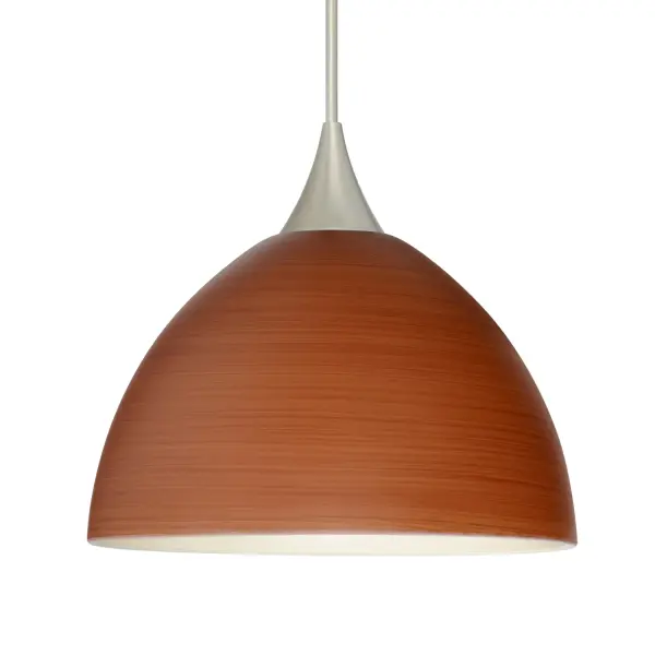 The Brella Cherry pendant showcases century-old glassblowing techniques with spiraling dark red strokes on soft off-white cased glass. The classical bell shape provides optimal illumination while the etched satin finish reveals beautiful wood grain-like texture when lit.