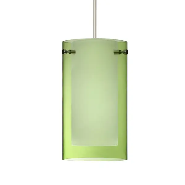 The Pahu mini pendant showcases century-old glassblowing techniques with a distinctive double-glass design. An inner etched opal cylinder creates a tranquil glow while the outer trans-olive glass adds sparkling accents and visual depth.