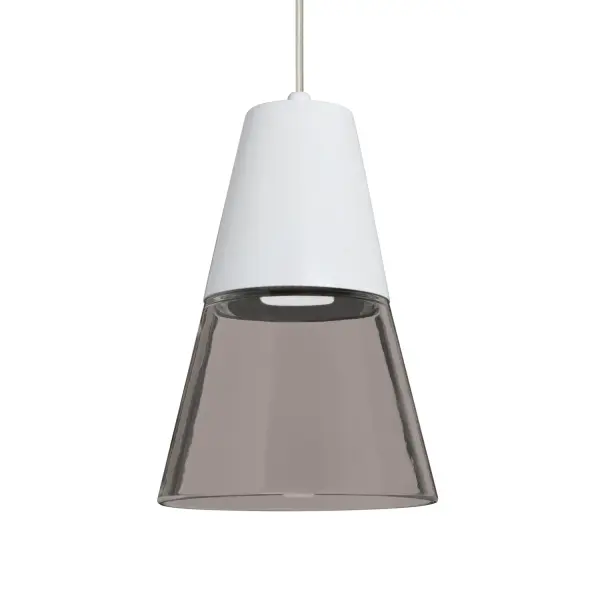 The Timo 6 combines industrial aesthetics with practical task lighting. Its smoke-tinted glass and white cap create a warm, sophisticated glow while the conical shade directs light downward for effective illumination.