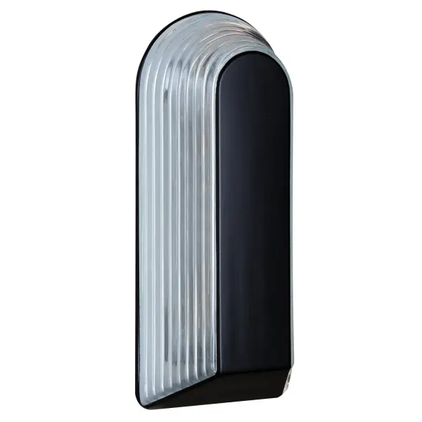 This architectural wall sconce features a distinctive arched blown glass design with a sophisticated black opaque finish. European craftsmanship meets contemporary styling in a versatile fixture suitable for both exterior and interior applications.