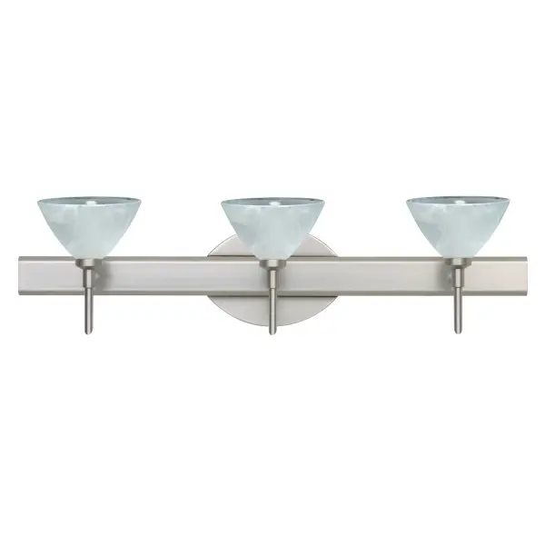The Domi Marble vanity light combines timeless bell-shaped design with handcrafted pressed glass featuring alabaster-like swirls. Its satin-etched finish creates soft, functional lighting perfect for bathroom vanities.