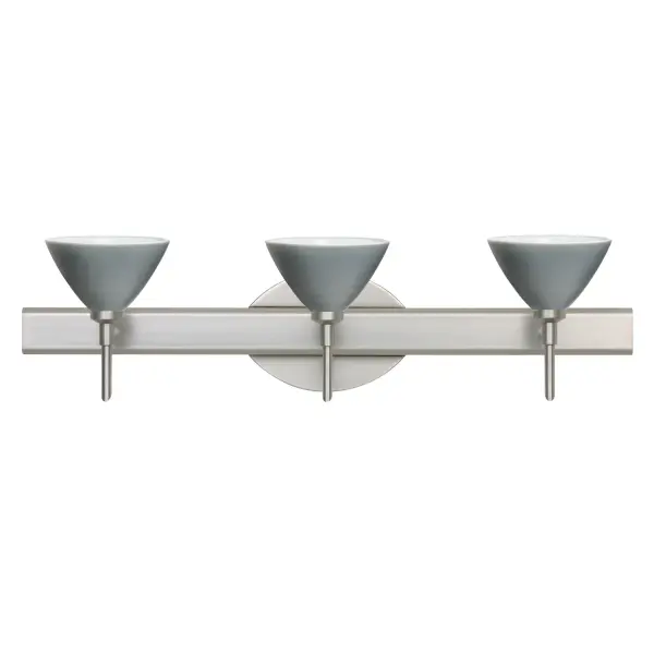 The Domi Titan vanity light combines classical bell-shaped design with handcrafted artisan glass featuring subtle silver spiral patterns. The soft off-white cased glass with etched satin finish creates beautiful ambient lighting.
