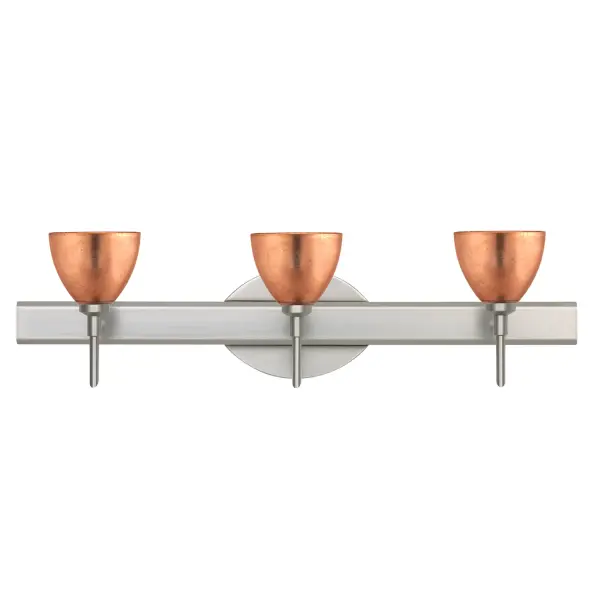 The Divi 5 Copper Foil vanity light combines classical bell-shaped glass with distressed metallic foil for a stunning textured effect. Handcrafted using century-old techniques, each piece is unique with sparkling depth that comes alive when illuminated.
