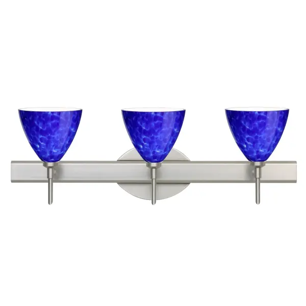 The Mia vanity light features handcrafted Blue Cloud glass with watercolor-like blue tones over white, created using traditional frit techniques. The classical bell shape and satin nickel finish provide versatile style.