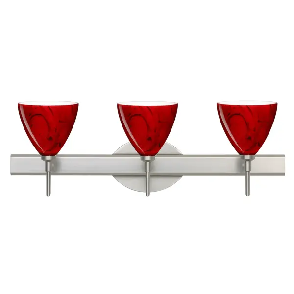 The Mia vanity light showcases stunning Magma glass with fiery red tones and marbleized black accents. Each handcrafted shade is unique, featuring century-old glassblowing techniques. The classical bell shape and satin nickel finish create versatile style.