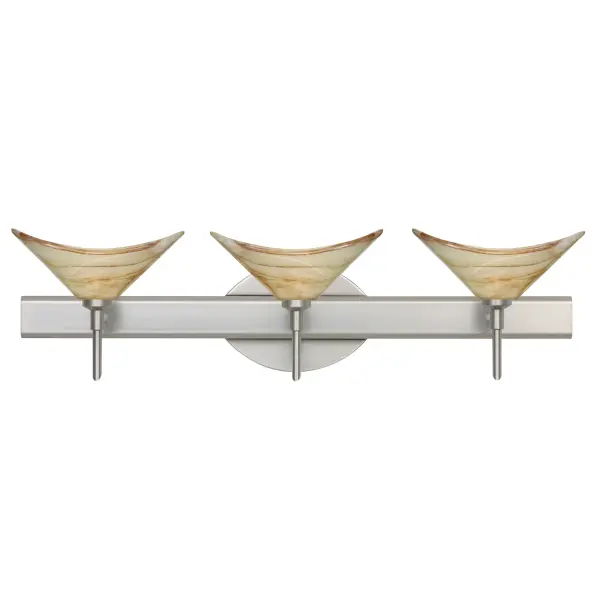 The Hoppi 2 Mocha vanity light features distinctive pressed glass with cream and brown marbling, creating functional yet soothing illumination. Its contemporary cone-shaped design and satin nickel finish complement modern bathrooms.