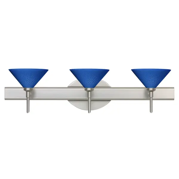 The Kona vanity light features handcrafted pressed glass with distinctive blue and white finish creating a star-light effect. Wide cone-shaped shades offer contemporary styling with consistent quality through press-mold manufacturing.