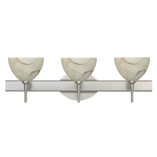 The Brella Mocha vanity light combines timeless bell-shaped design with handcrafted pressed glass featuring cream and brown marbling. The etched satin finish provides functional, soothing illumination perfect for bathroom spaces.
