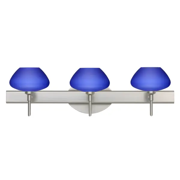 The Peri vanity light features handcrafted blue matte pressed glass with white inner layer, creating functional and soothing illumination. Its compact design and smooth satin finish make it ideal for modern bathrooms.