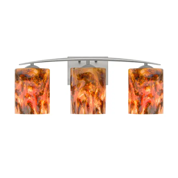 The Lava vanity sconce features one-of-a-kind art glass with swirling reds, browns, and orange tones accented by effervescent bubbling. Perfect for adding dramatic visual interest to bathrooms and powder rooms.