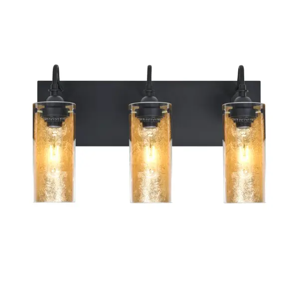 The Duke Gold Foil Vanity combines transitional design with modern sophistication. Gold foil-backed glass cylinders create a compelling textured metallic effect, while gooseneck socketholders showcase exposed filament bulbs for dramatic visual impact.
