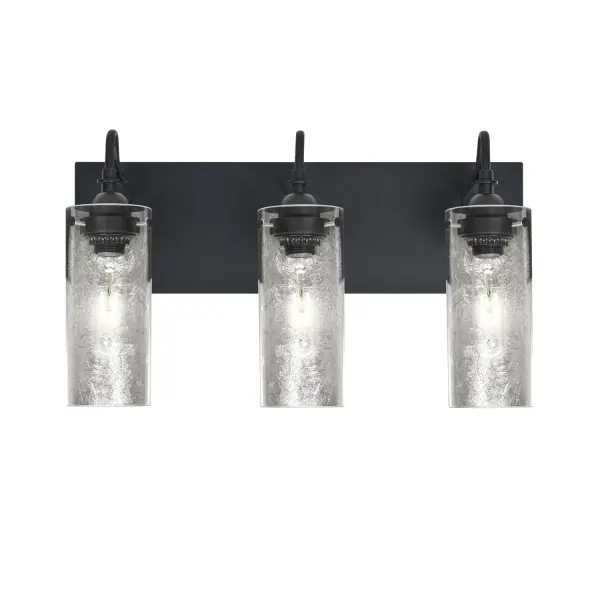 The Duke Silver Vanity combines transitional elegance with modern texture through silver foil-backed glass cylinders and classic gooseneck arms. The metallic effect creates compelling visual interest while showcasing lamp filaments.