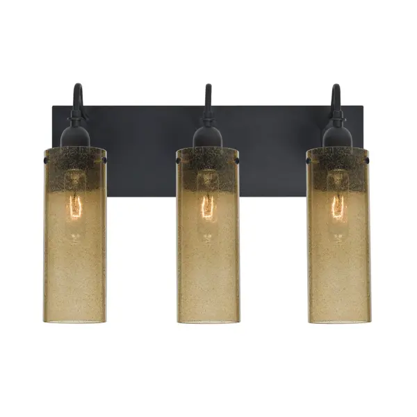 The Juni 10 Latte Bubble vanity light combines transitional design with artisan craftsmanship. Transparent latte glass cylinders feature random bubble patterns that create captivating light play, while gooseneck socketholders showcase exposed filament bulbs for added visual interest.