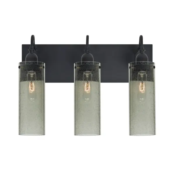 The Juni 10 Moss Bubble vanity light combines transparent moss glass cylinders with random bubble patterns and gooseneck socketholders. The interplay of light through bubble accents and visible filaments creates visual interest.