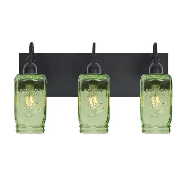 The Milo 4 Green Vanity Light brings farmhouse charm to transitional bathrooms with handcrafted glass shades inspired by traditional canning jars. The subtle green transcolored spray creates a warm, inviting glow perfect for vanity lighting.