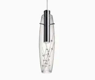 The Willow mini pendant combines clear tubular glass with sparkling crystal-like beads on chrome rods, creating a sophisticated lighting accent perfect for intimate spaces. Its compact 3.5-inch diameter makes it ideal for multiples or tight areas.