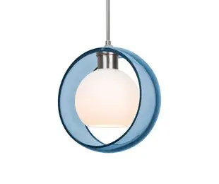 The Mana pendant features a unique double-glass construction with an opal globe nested within a clear glass ring, creating visual depth and soft, diffused lighting. Its compact 9-inch diameter makes it versatile for various spaces.