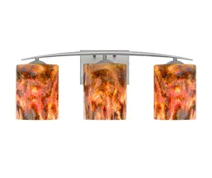 The Lava sconce brings dramatic artistry to bathroom lighting with its unique hand-crafted glass featuring swirling reds, browns, and oranges with effervescent bubbling. Available in 1-3 light configurations for flexible sizing.