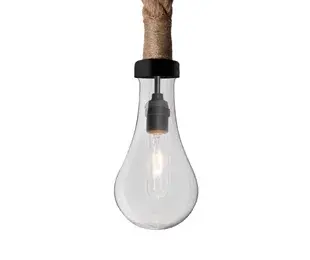 The Dash pendant combines natural fiber rope suspension with a clear teardrop glass diffuser for a striking coastal aesthetic. Its exposed filament bulb and customizable rope styling offer creative installation options.