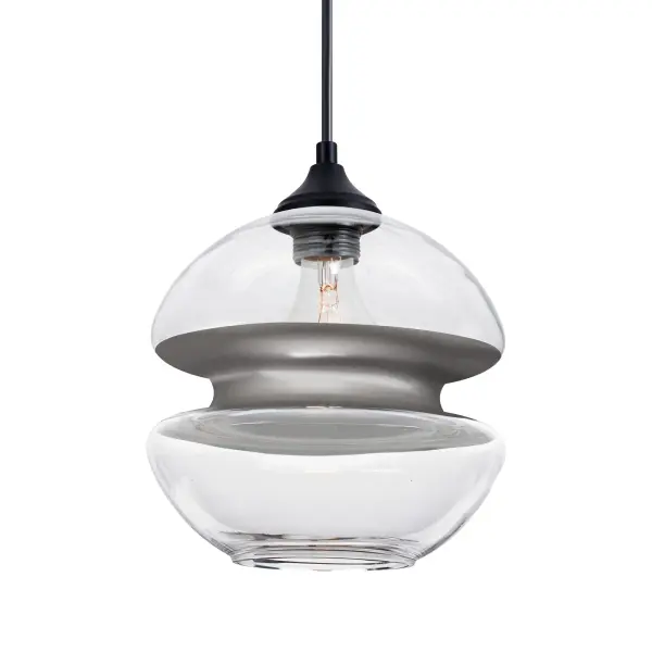 The Hula 8 Pendant combines farmhouse charm with contemporary elegance through its unique clear glass shade divided by a radiused silver band. Perfect for outdoor spaces, it offers peripheral shimmer while concealing the light source.