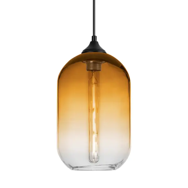 The Omega 12 features a stunning transparent amber glass cylinder with a gradient pattern that creates sophisticated light effects. Perfect for outdoor spaces, this transitional design showcases lamp filaments beautifully.