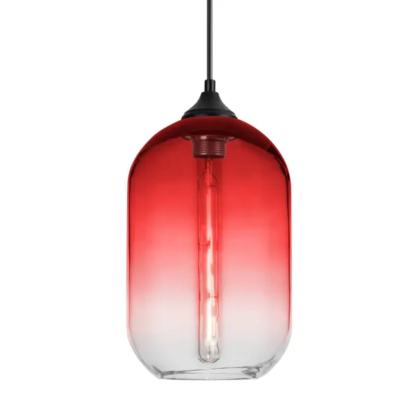 The Omega 12 combines transitional design with bold color, featuring a transparent red glass cylinder with gradient pattern that creates dramatic light play. Perfect for outdoor spaces needing statement lighting.