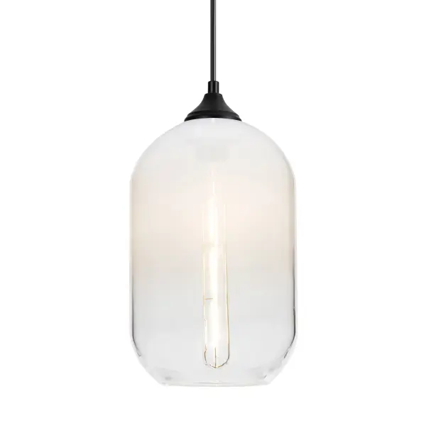 The Omega 12 combines transitional elegance with outdoor durability. Its transparent white glass cylinder features a striking gradient pattern that creates dramatic light play while showcasing the lamp filament.