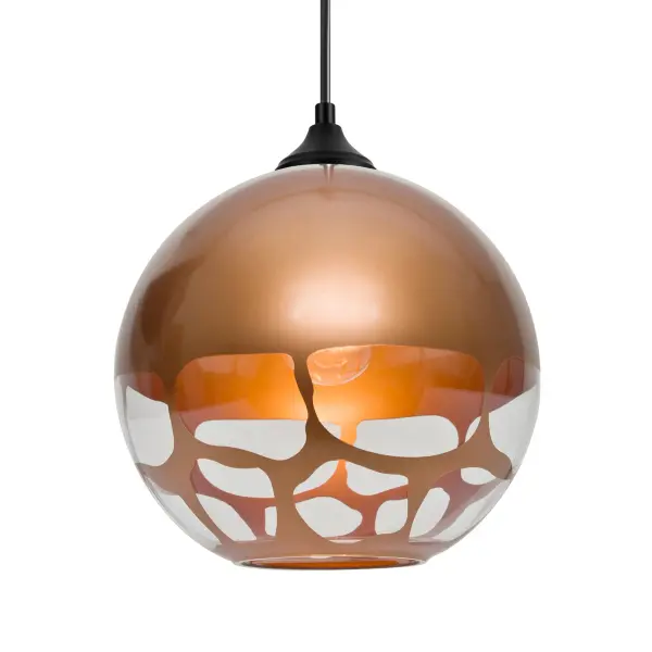 The Rocky Copper Pendant combines shimmering glass with cut metal accents to create a captivating optical display. Random stenciled openings produce eye-catching sparkle and dramatic light patterns, perfect for modern outdoor spaces.