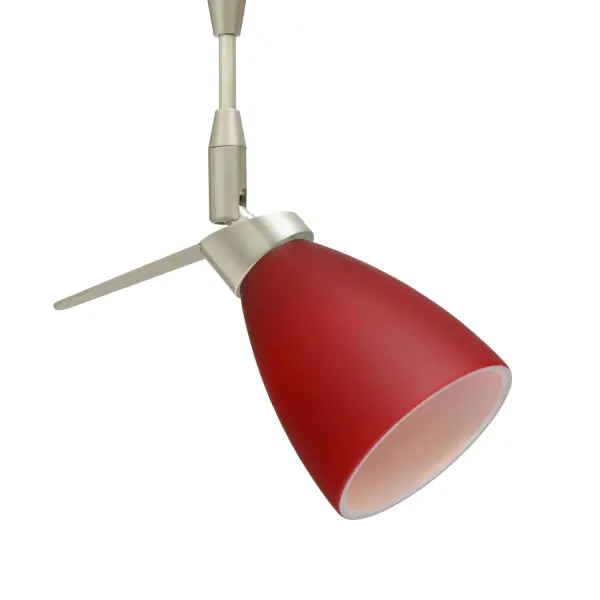 The Andi Red Matte spotlight features handcrafted pressed glass with a vibrant red outer layer and white inner layer. Its elongated bell shape provides optimal task lighting with an edgy, contemporary aesthetic.