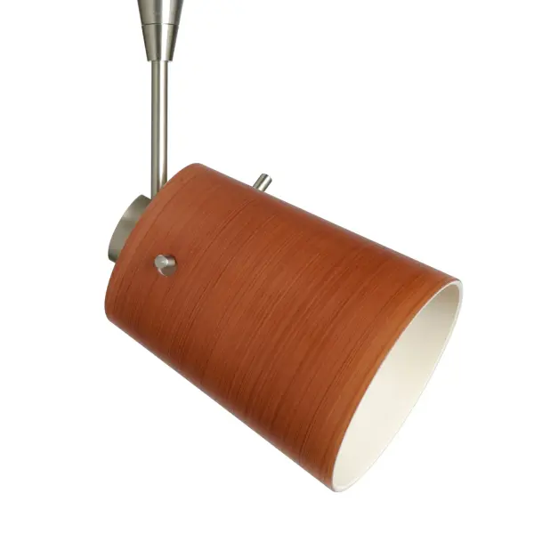 The Tammi 3 Cherry spotlight showcases handcrafted glass artistry with spiraling dark red strokes on soft off-white cased glass. The etched satin finish reveals wood grain-like texture that comes alive when illuminated.