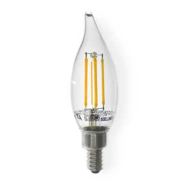 This 5W LED filament bulb delivers 572 lumens with a 91.4 CRI, replacing traditional 60W incandescent bulbs while lasting 15,000 hours. Perfect for chandeliers, pendants, and bath fixtures requiring E12 candelabra bases.