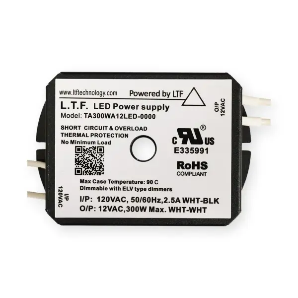 UL-listed Class 2 transformer with advanced zero-load technology supports both LED and halogen fixtures up to 300W. Features ELV dimming compatibility, auto-reset protection, and compact design for easy installation.
