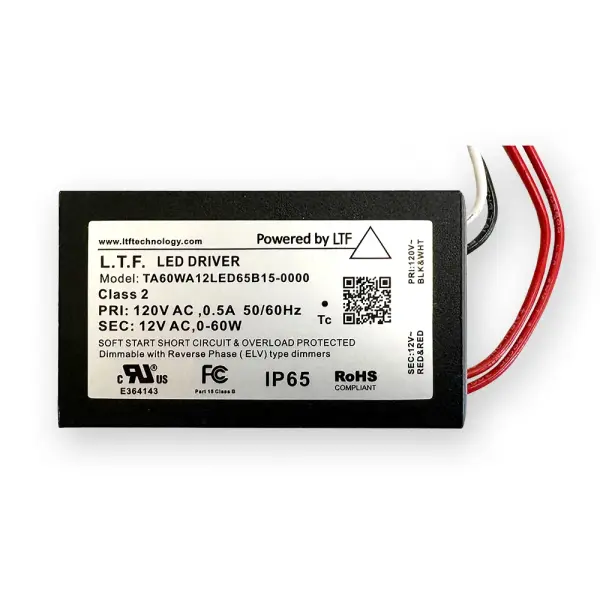 This zero-load 60W transformer delivers reliable power conversion for both halogen and LED AC loads with IP65 weatherproof protection. Features ELV dimming, Class 2 safety rating, and comprehensive protection systems.