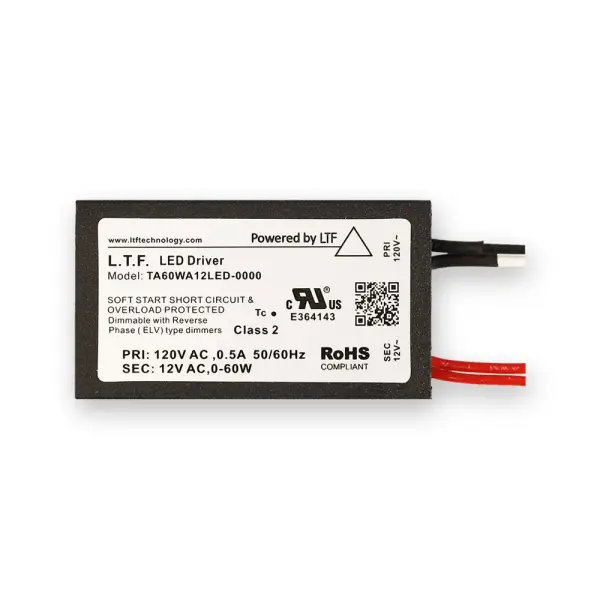 This Class 2 UL-listed transformer delivers reliable 60W power conversion with advanced zero-load technology. Features ELV dimming compatibility, auto-reset protection, and compact design for easy installation.