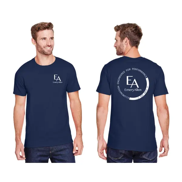 Represent EmeryAllen at your next gathering/installation in this comfortable crewneck T-Shirt! Available in Blue or White. Premium Blend Ringspun 50% Polyester, 50% Cotton.
