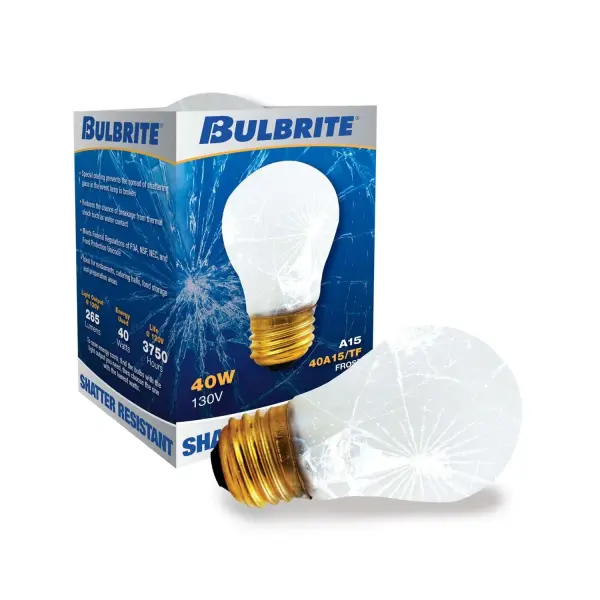 This 40W A15 incandescent bulb features a tough coat finish that resists shattering, making it ideal for safety-conscious applications. Delivers warm white light at 2700K with full dimming capability. - alternate view