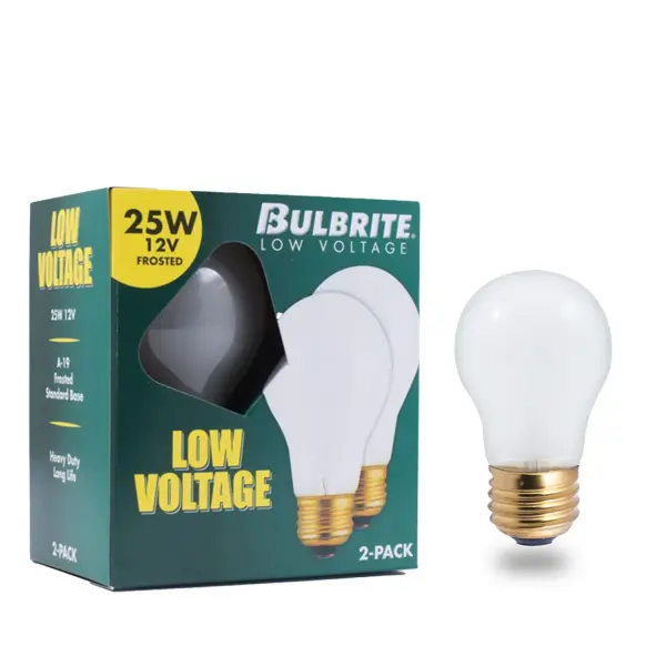 This 25W A19 incandescent bulb delivers warm white light at 2700K with full dimming capability. The frosted finish provides soft, diffused illumination ideal for residential and hospitality settings requiring 12V systems. - alternate view