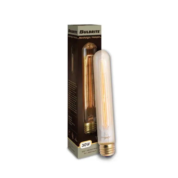 This T9 nostalgic bulb delivers authentic vintage aesthetics with its exposed hairpin filament and warm 2200K amber light. Perfect for exposed bulb fixtures, it combines old-world charm with modern dimming capability. - alternate view