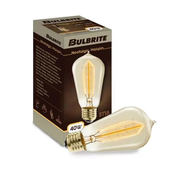 This ST18 nostalgic bulb features an authentic hairpin filament design that creates a warm, amber ambiance perfect for vintage and industrial fixtures. Fully dimmable with 2200K color temperature for authentic period lighting. - alternate view