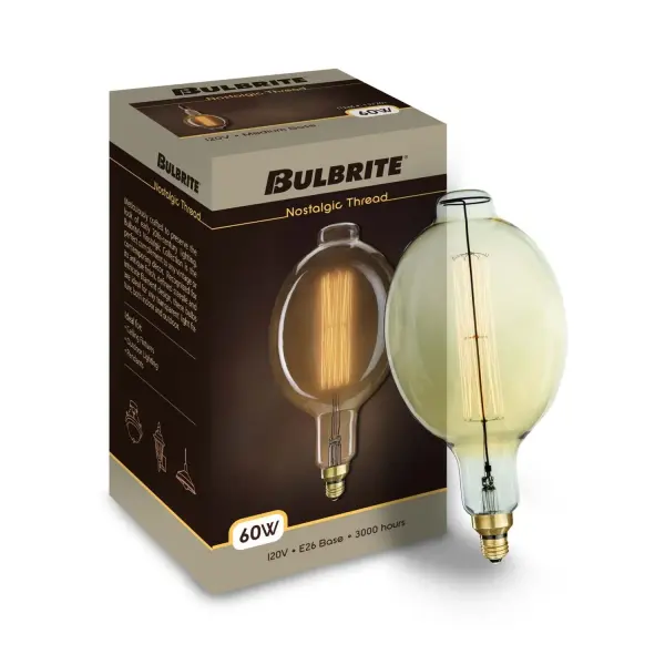 This oversized BT56 bulb delivers warm 2200K amber light with exposed filament threading for authentic vintage character. Fully dimmable with E26 standard base, perfect for statement fixtures and exposed bulb designs. - alternate view