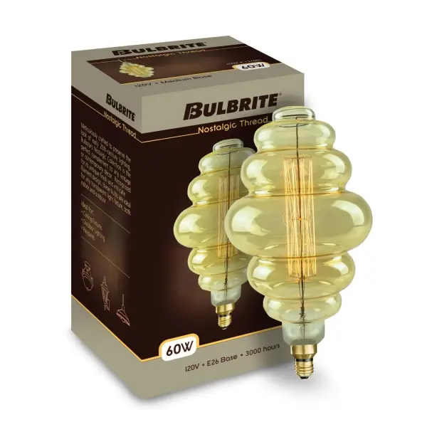 This decorative incandescent bulb features an authentic bee hive shape with grand nostalgic threading, delivering warm 2200K amber light. Perfect for exposed bulb fixtures where the bulb itself becomes a design statement. - alternate view
