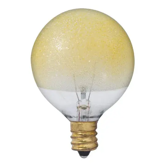 This G16.5 amber ice globe bulb adds vintage warmth to vanity lights, chandeliers, and sconces. The textured amber finish creates a soft, diffused glow perfect for intimate spaces. Fully dimmable for ambiance control.