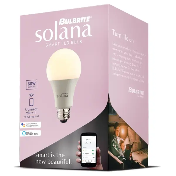 The Bulbrite Solana smart bulb offers seamless voice control via Alexa and Google Assistant with tunable white light from warm 2200K to cool 6500K. Energy-efficient 8W LED replaces 60W incandescent while delivering 800 lumens. No hub required. - alternate view