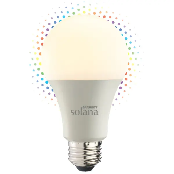 The Bulbrite Solana smart LED bulb delivers 800 lumens of tunable white and multi-color lighting with WiFi connectivity. Control via app or voice assistant without requiring a hub. Energy-efficient 9W design replaces 60W incandescent bulbs.