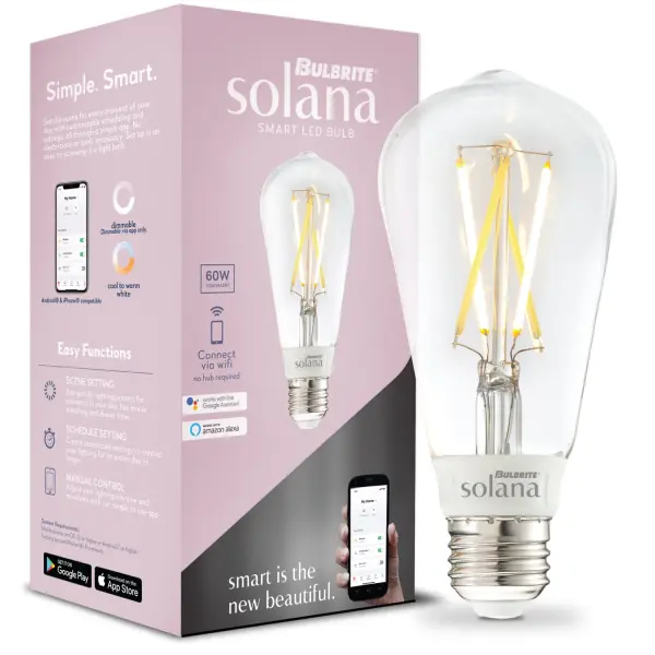 The Bulbrite Solana combines vintage Edison-style aesthetics with modern smart home technology. Control via app or voice assistant, no hub required. Energy-efficient 5.5W LED delivers 500 lumens with warm 2700K light. - alternate view