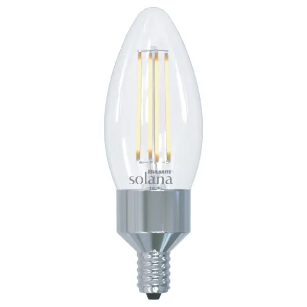The Bulbrite Solana smart LED bulb offers app and voice control via Alexa or Google Assistant without requiring a hub. Features tunable white light, 400 lumens at only 4W, and works in standard E12 candelabra fixtures.