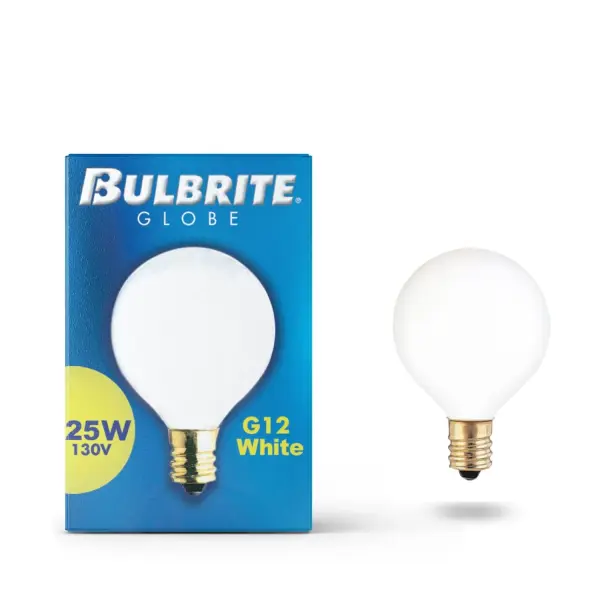 This G12 globe bulb delivers warm 2700K lighting with full dimming capability. The white finish provides soft, diffused illumination ideal for vanity fixtures and decorative applications requiring candelabra bases. - alternate view
